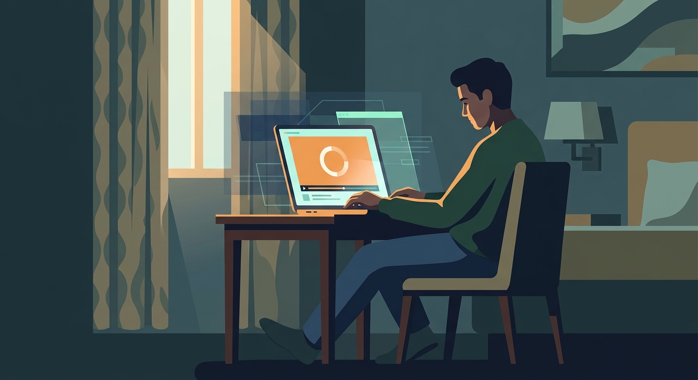 A person relaxing in a hotel room with a laptop showing a buffering circle, surrounded by faint digital filters