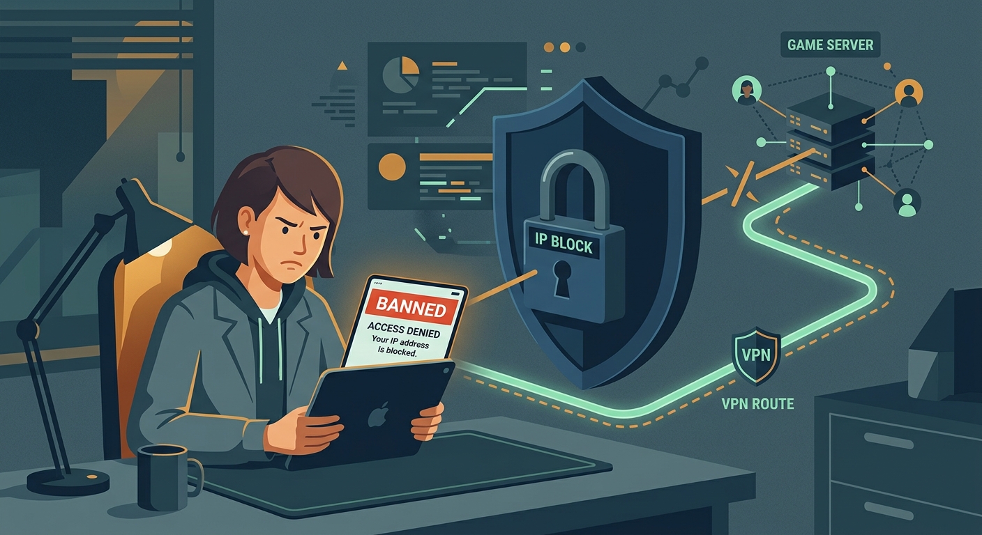 A frustrated gamer looking at an Access Denied screen while a glowing data path bypasses the digital padlock