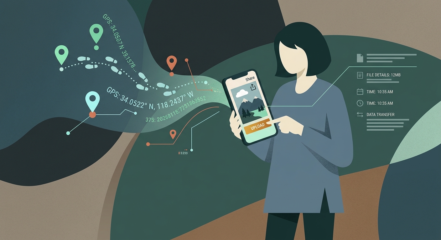 A stylized person uploading a photo with GPS map pins and metadata leaking out