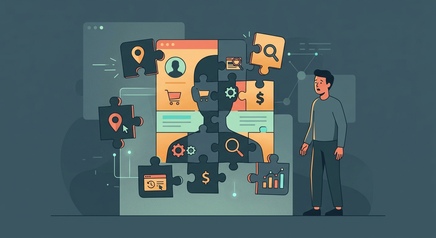 A conceptual illustration showing a digital profile being constructed out of floating data puzzle pieces with a stylized person looking concerned