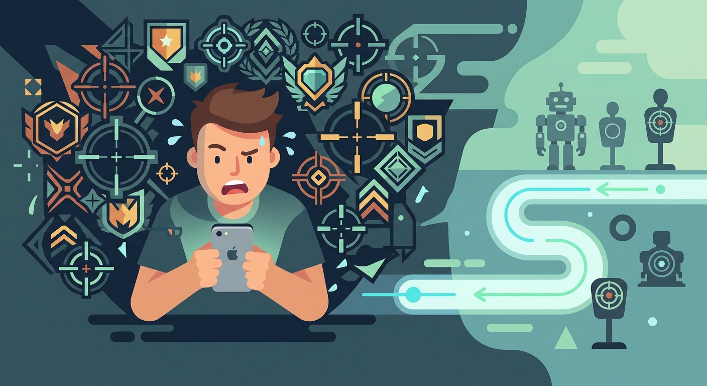 A stylized gamer surrounded by intense crosshairs and a glowing path to easier bot icons