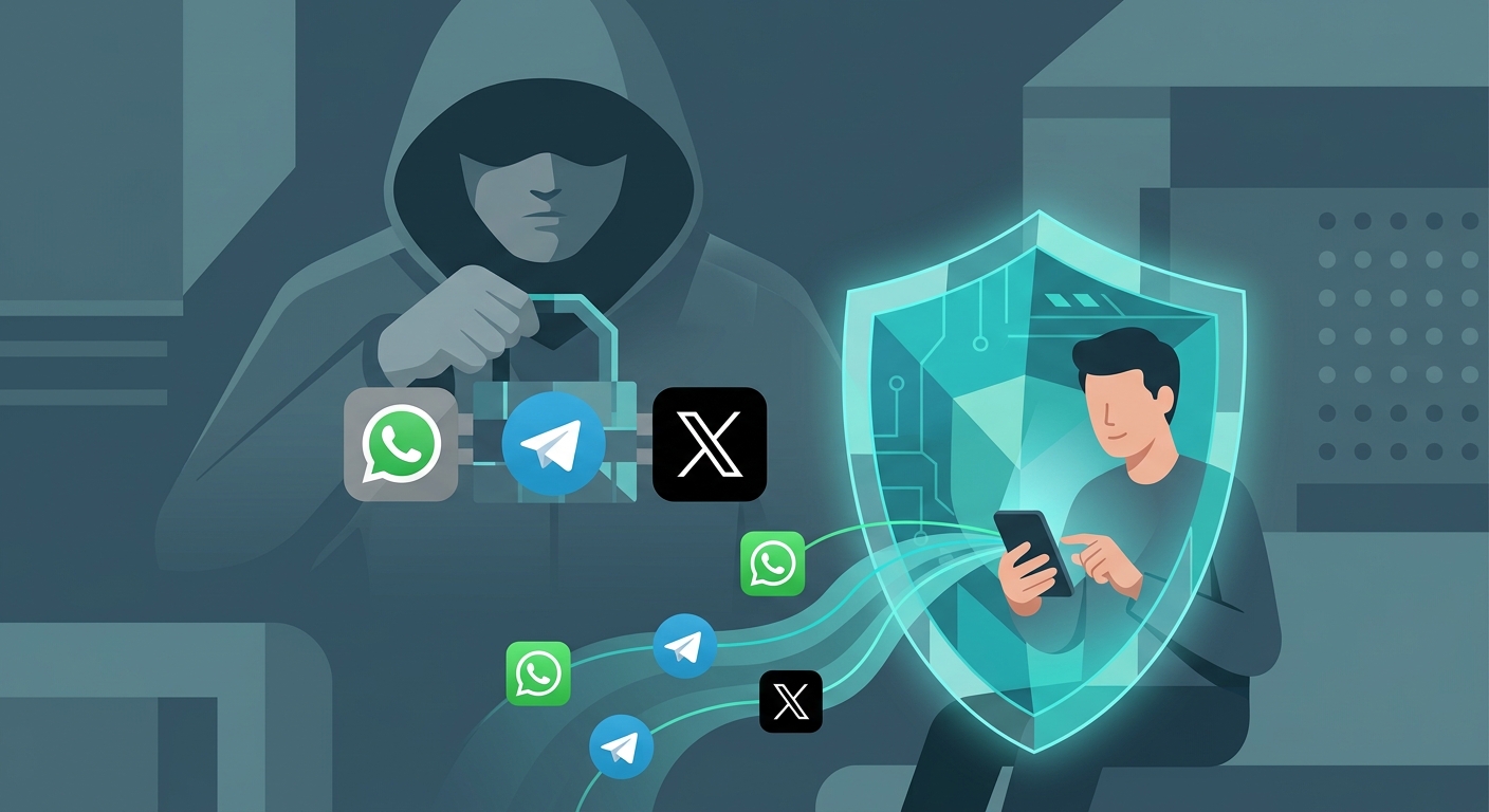 A grounded editorial illustration showing a user successfully connected to chat apps through a VPN shield, bypassing an anonymous imposing figure blocking access