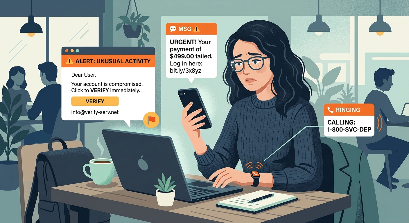 A person looking overwhelmed by simultaneous fake notifications on their laptop and phone