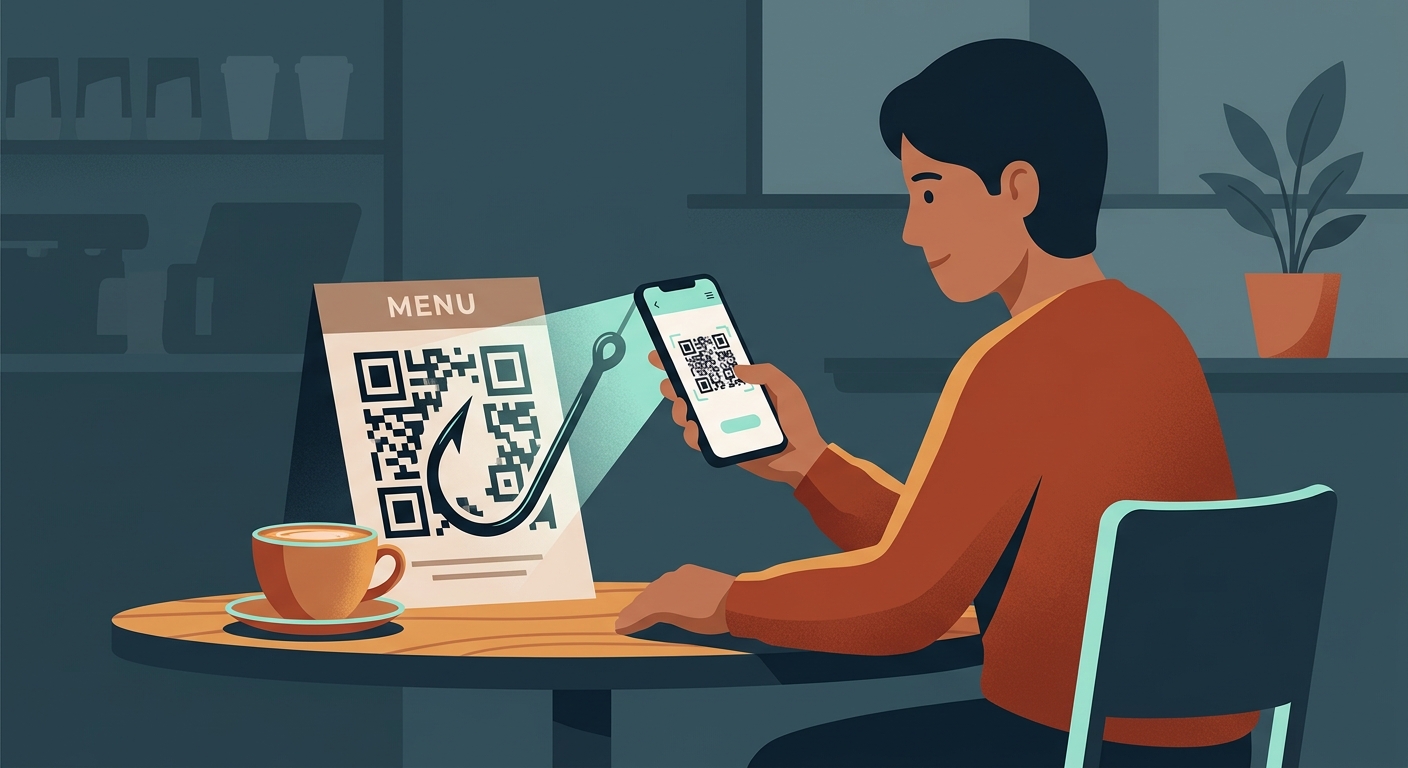 A glowing smartphone scanning a malicious QR code that dissolves into a trap
