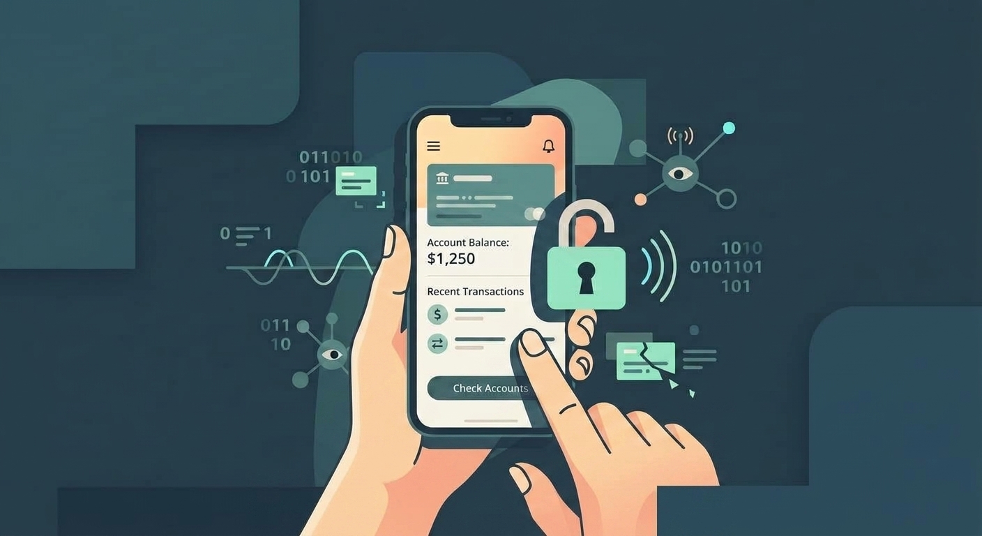 A smartphone displaying a banking app being eavesdropped on over an unsecured hotel network, held by a person in a hotel lobby