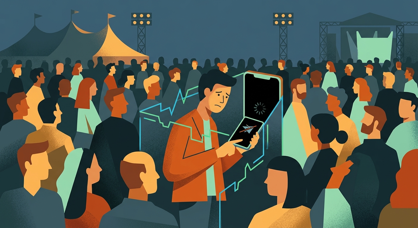 A person in a crowded festival holding a smartphone with a loading spinner, surrounded by invisible digital throttling lines