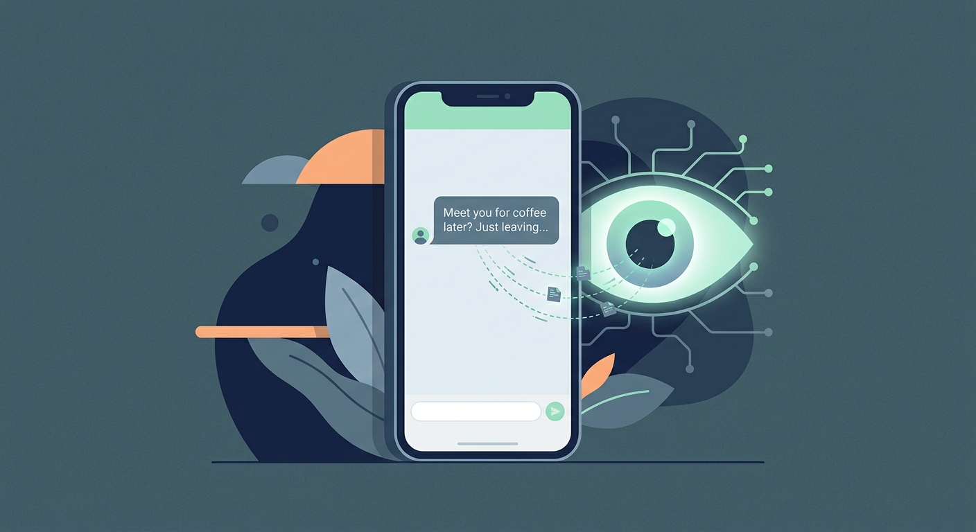 A stylized private text message on an iPhone screen, with a subtle glowing digital eye pulling data from it