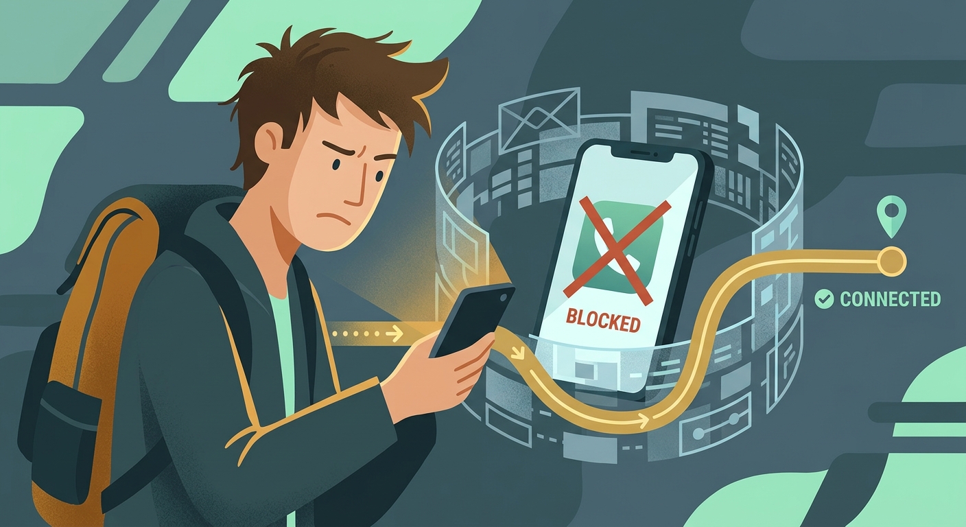 A stylized expat holding a glowing phone, with a fragmented signal trying to reach a globe, bridged by a VPN tunnel