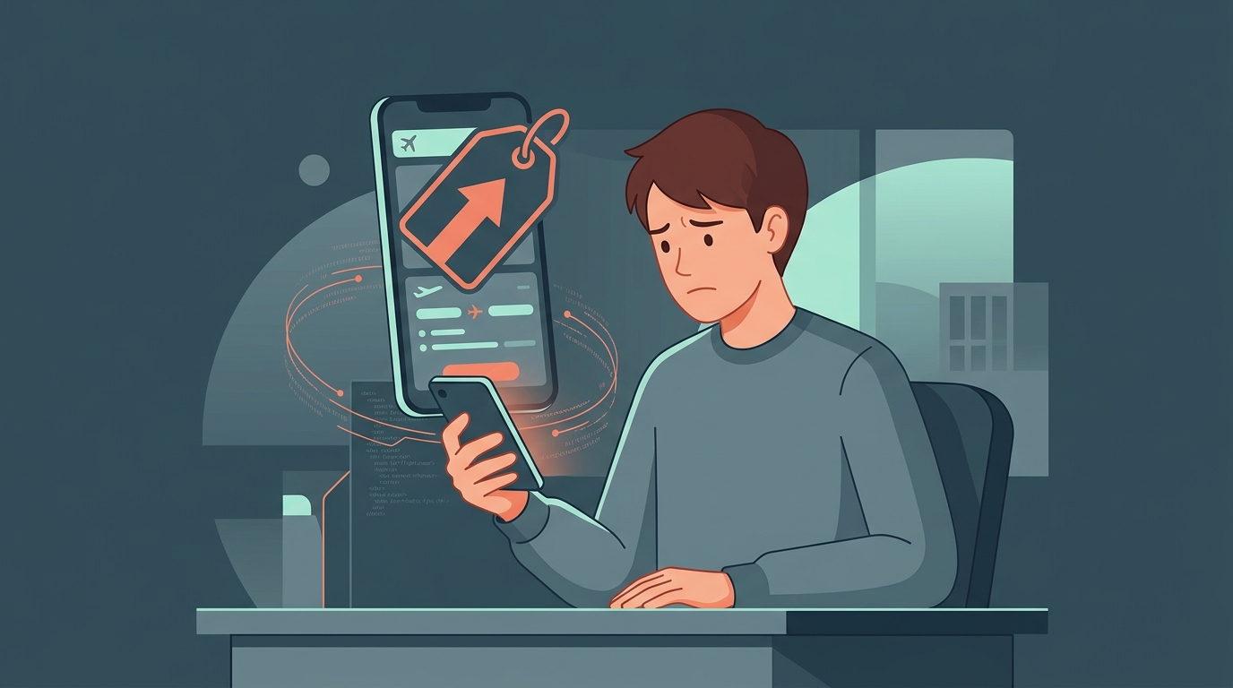Person looking frustrated at a laptop in a cafe as faint data streams show upward trending prices