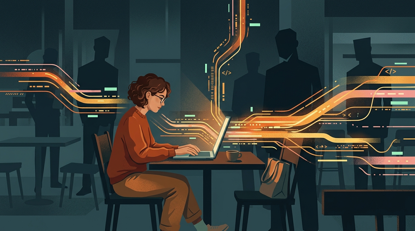 A person using a device in a cafe with data streams visibly emanating from it, watched by subtle background shadows