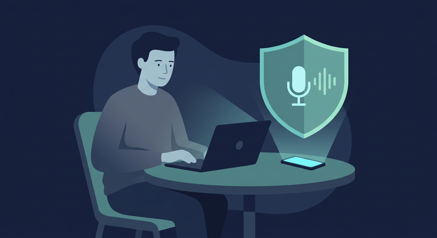 A person at a desk protected by a shield from voice collection and surveillance