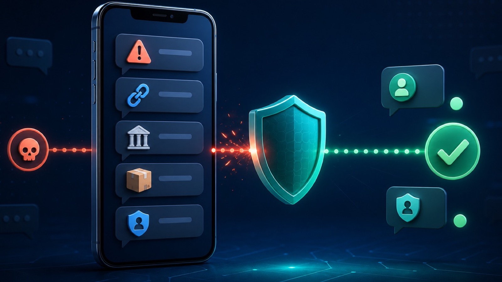 SMS phishing messages stopped by a mobile security shield