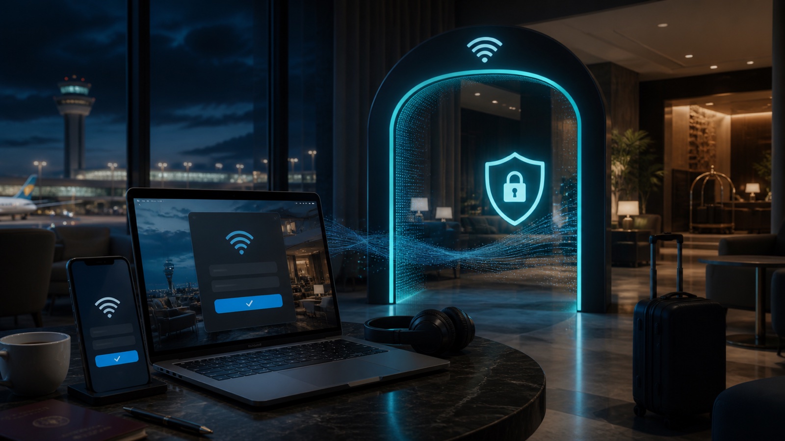 Laptop and phone connecting safely through an airport and hotel Wi-Fi portal