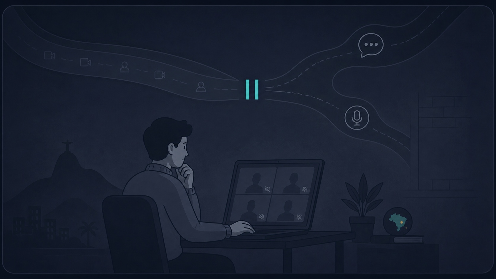 Minimal illustration of an adult in Brazil facing an inactive video call while text and voice remain available