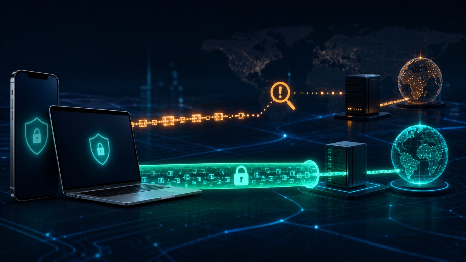 DNS traffic comparison showing an exposed route and an encrypted VPN tunnel