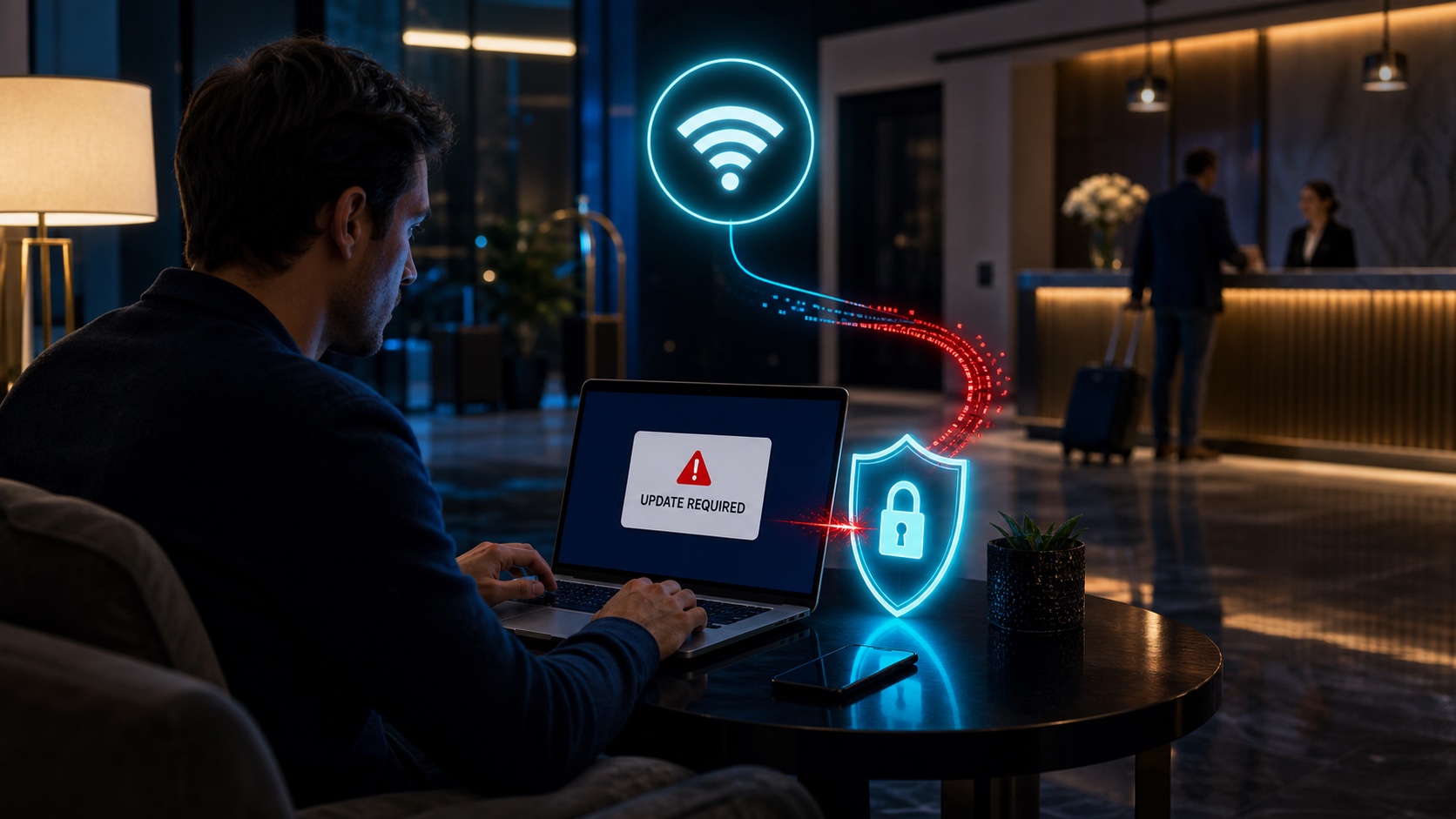 Traveler sees a fake update warning while a privacy shield protects a laptop on hotel Wi-Fi