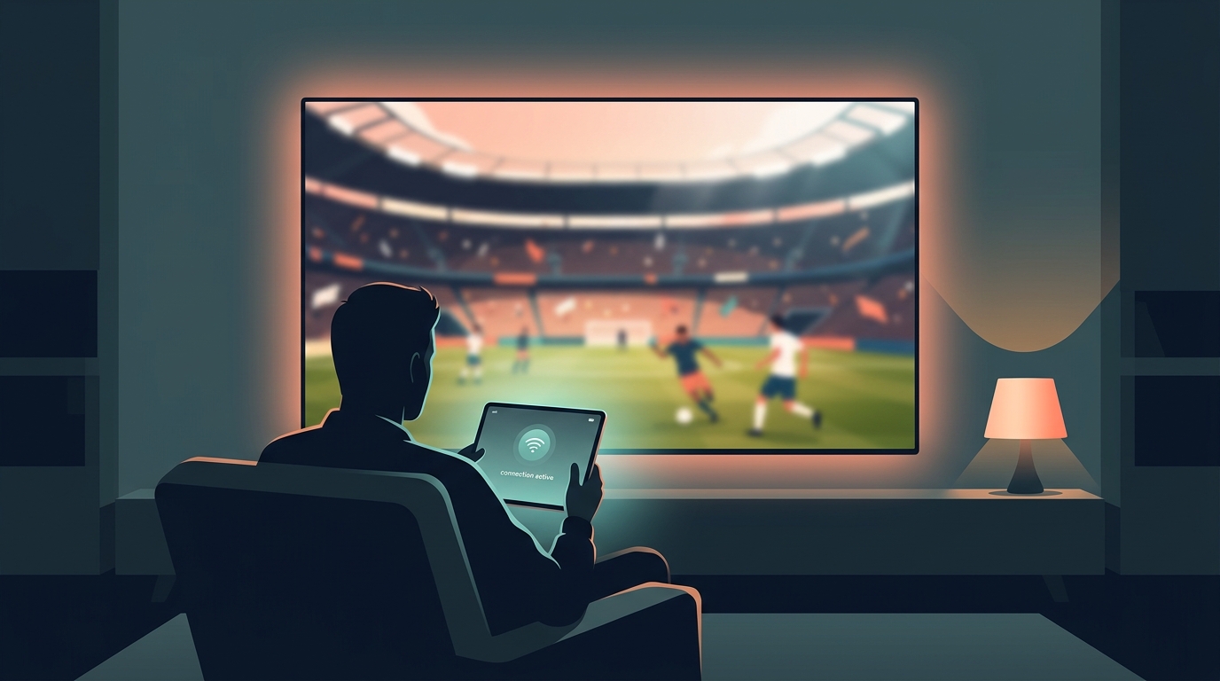 A premium darkened lounge showing a global sports broadcast on a high-end screen