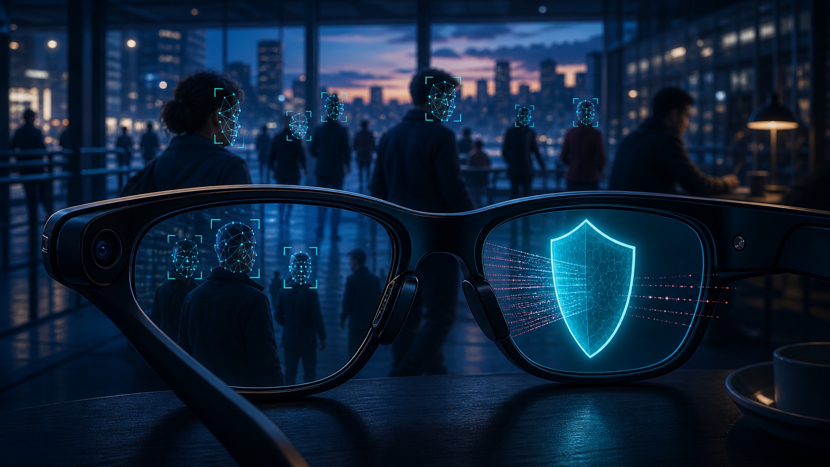 Smart glasses analyzing anonymous faces while a glowing privacy shield blocks biometric data