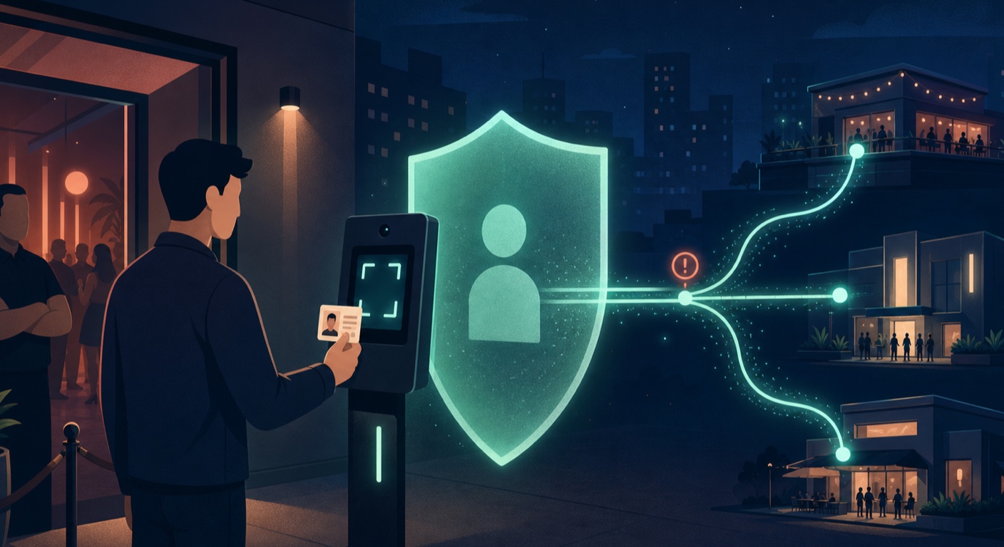 Nightclub patron presenting an ID to a scanner while a privacy shield separates personal data from a shared venue network