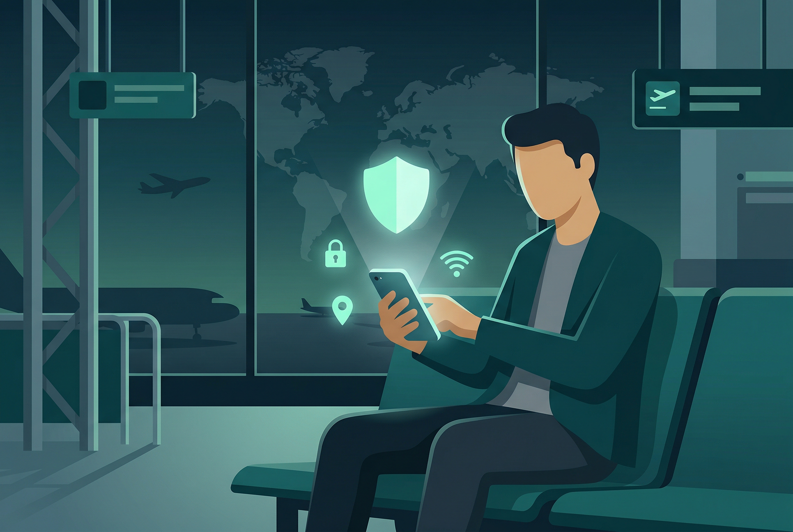 Traveler in airport terminal holding phone with security shield icon