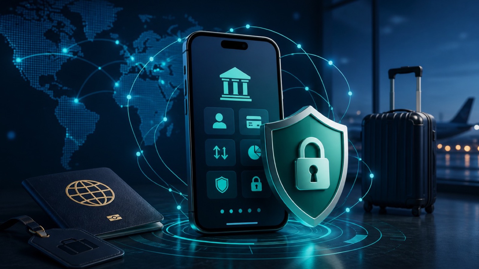 Secure mobile banking while traveling iPhone showing bank app with global protection shield