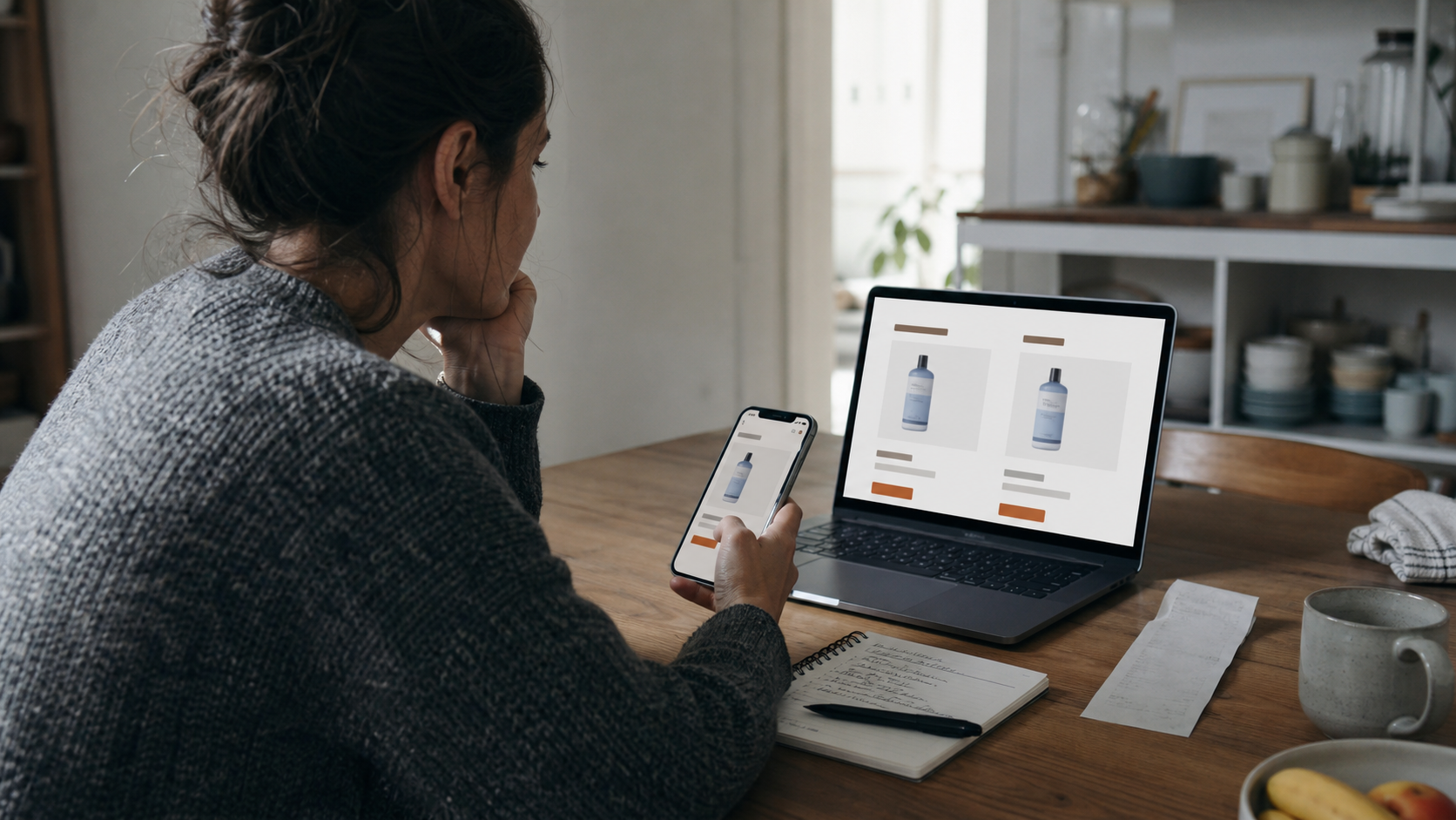 Minimal illustration of a shopper comparing different personalized prices on a phone and laptop