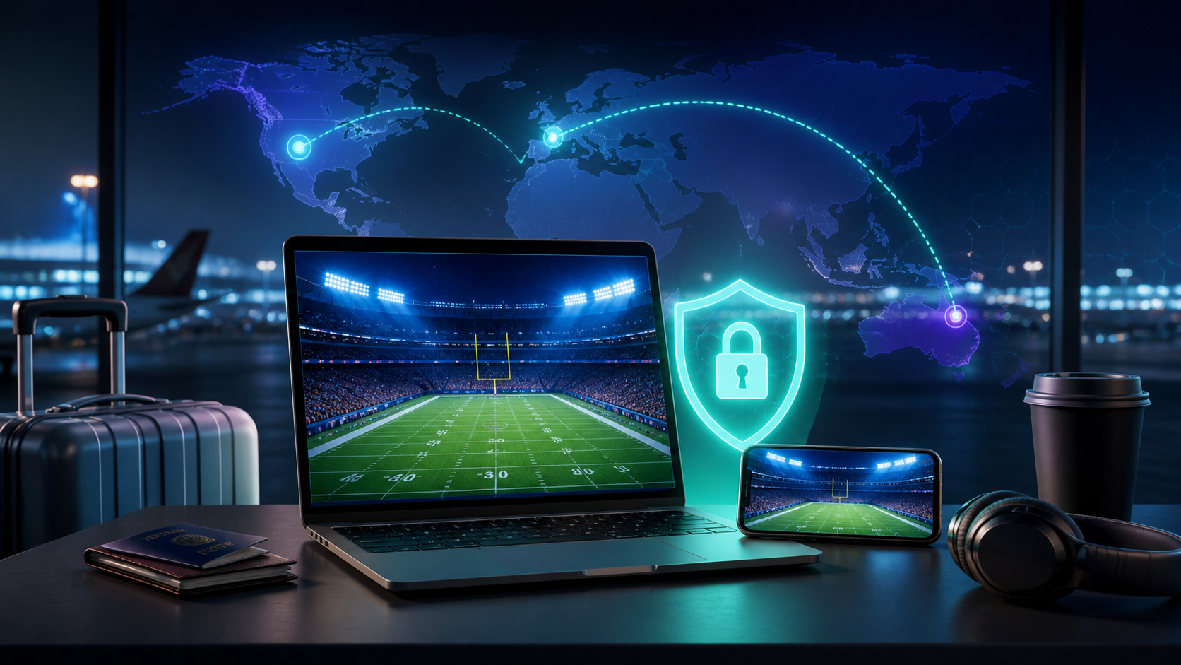 American football streaming on travel devices protected by an encrypted international connection