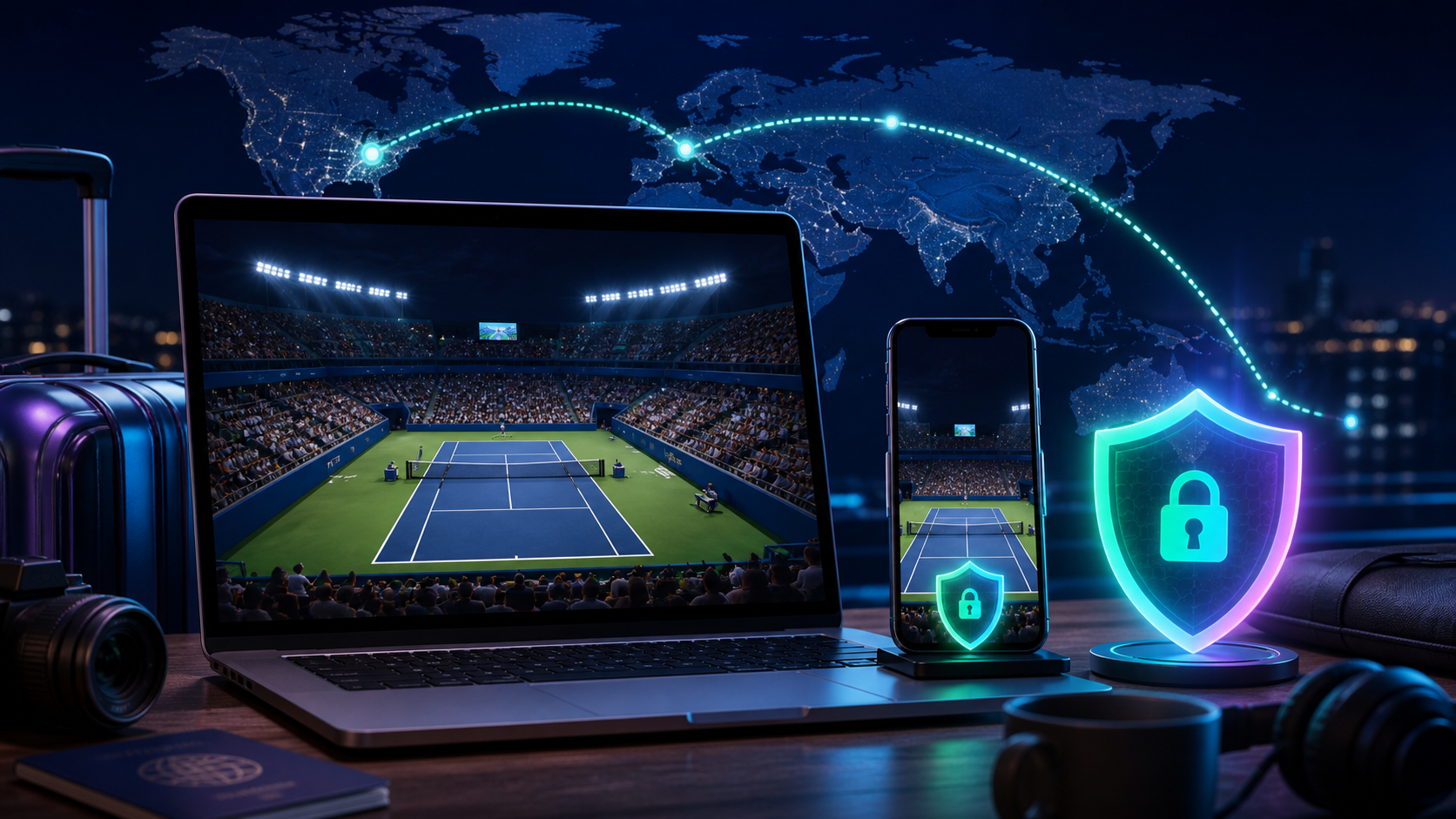 Tennis streaming on a laptop and iPhone protected by an encrypted travel connection