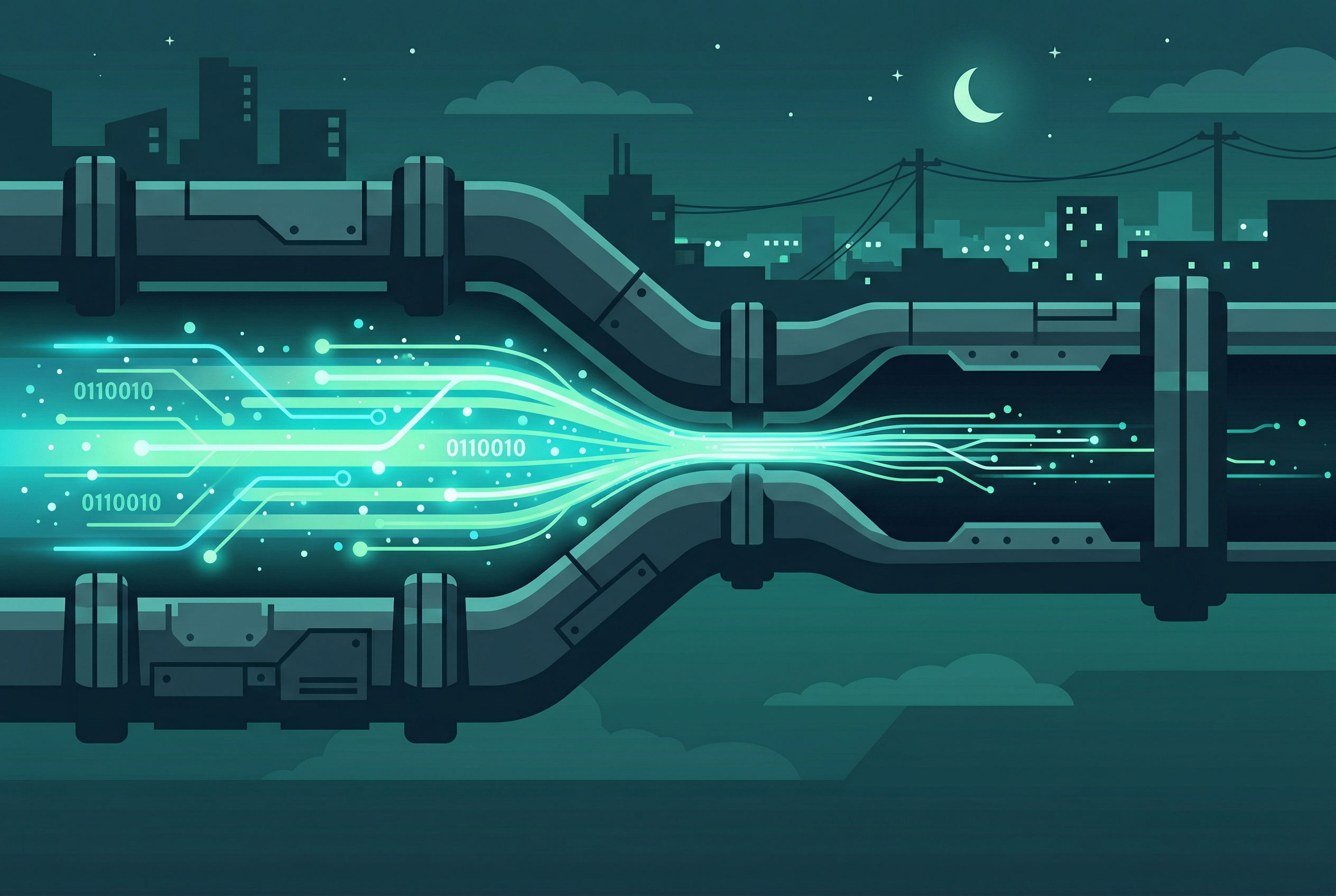 Illustration of slow internet connection and a digital traffic jam during night time