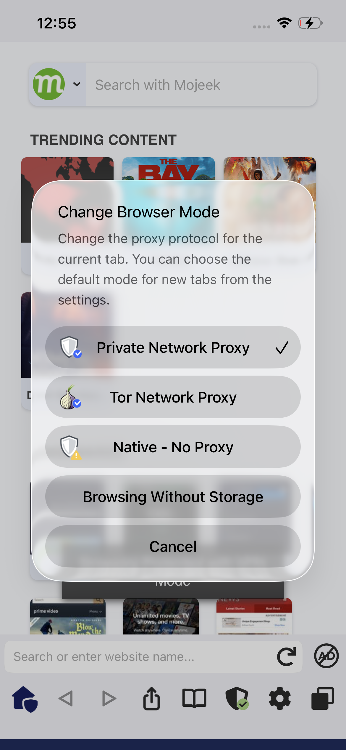 Browser mode choices in FREE VPN US