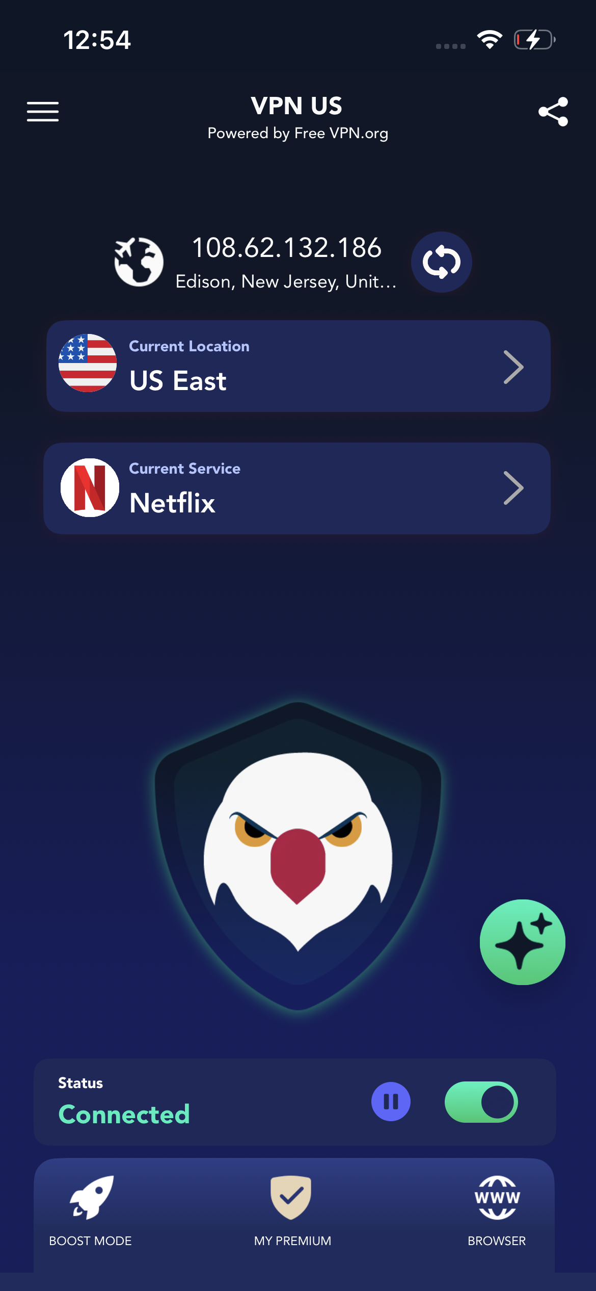 FREE VPN US connected screen on iPhone