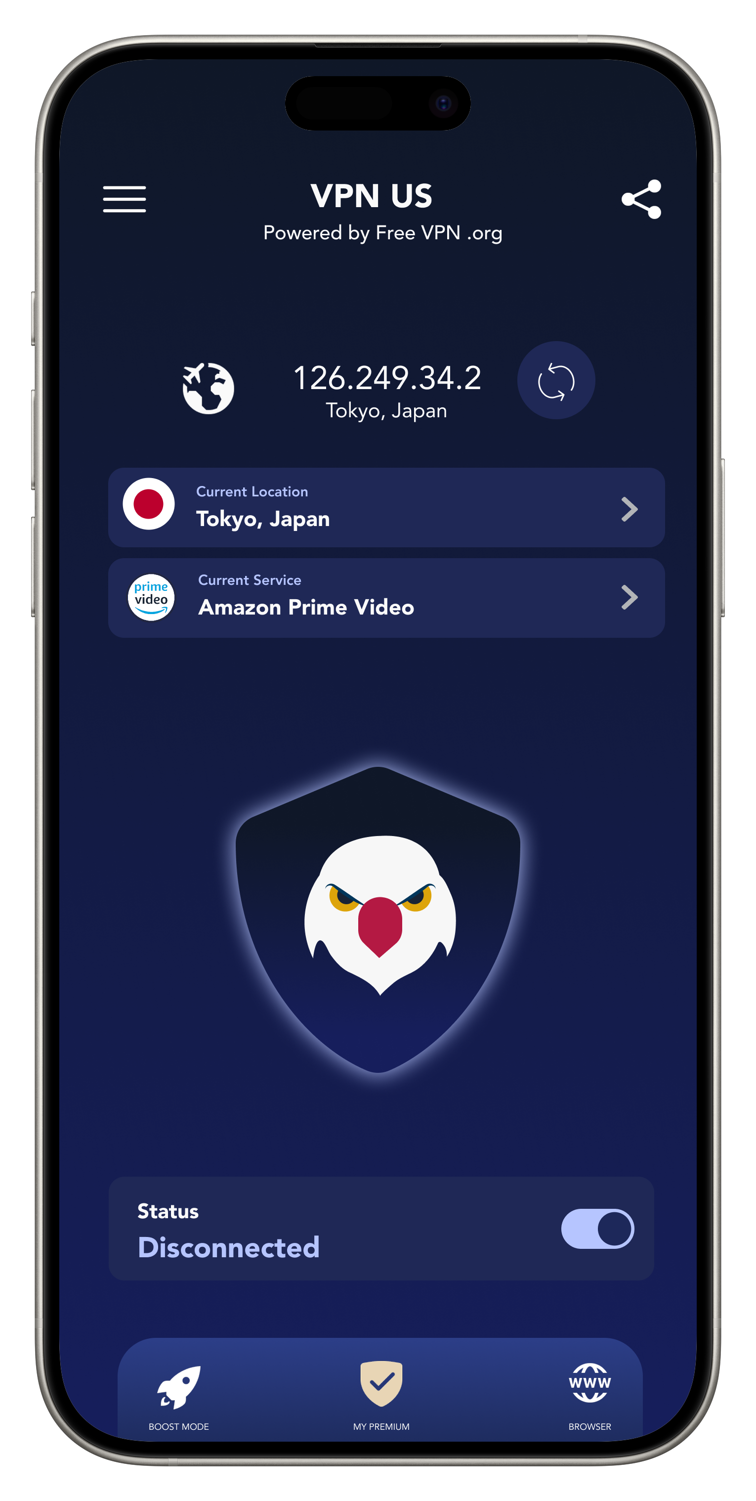 شاشة FREE VPN US قبل بدء الاتصال