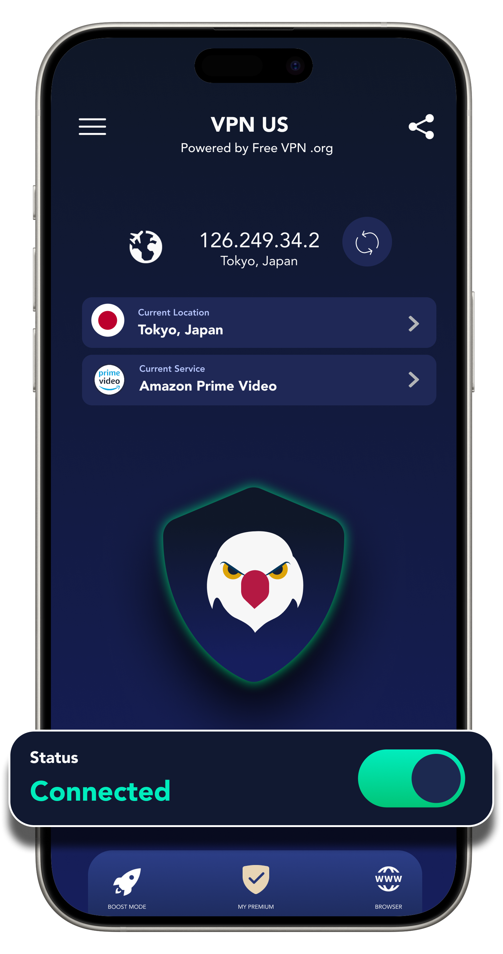 FREE VPN US connected to Tokyo with Amazon Prime Video selected