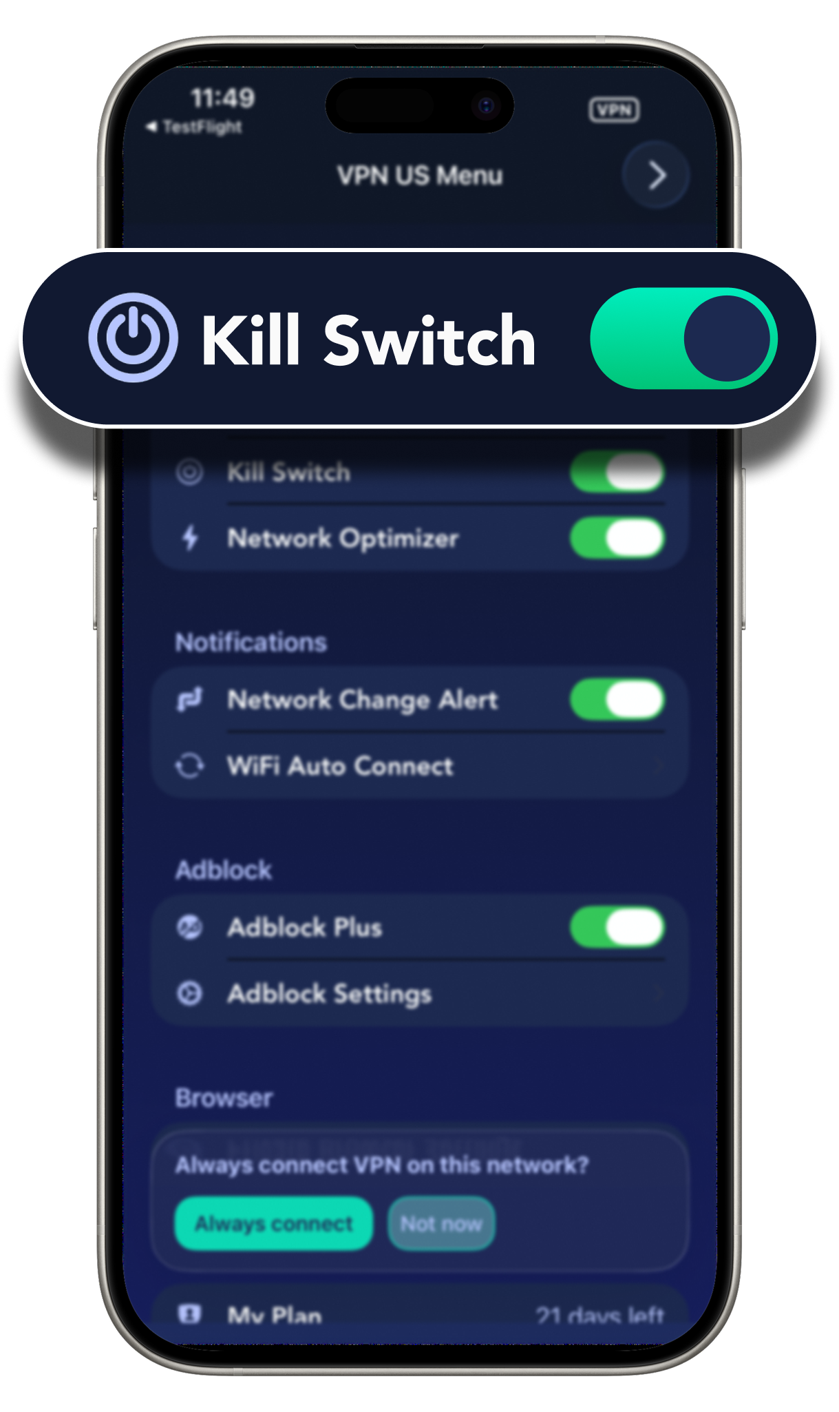 Kill Switch enabled in FREE VPN US settings