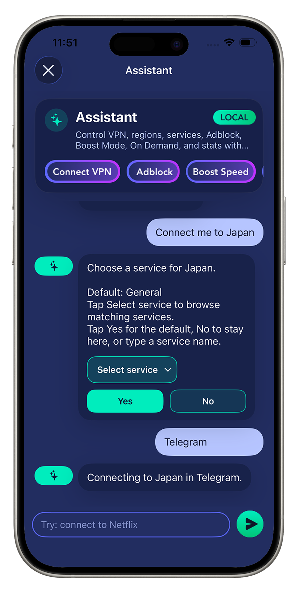 Local Assistant helping choose a VPN region and service