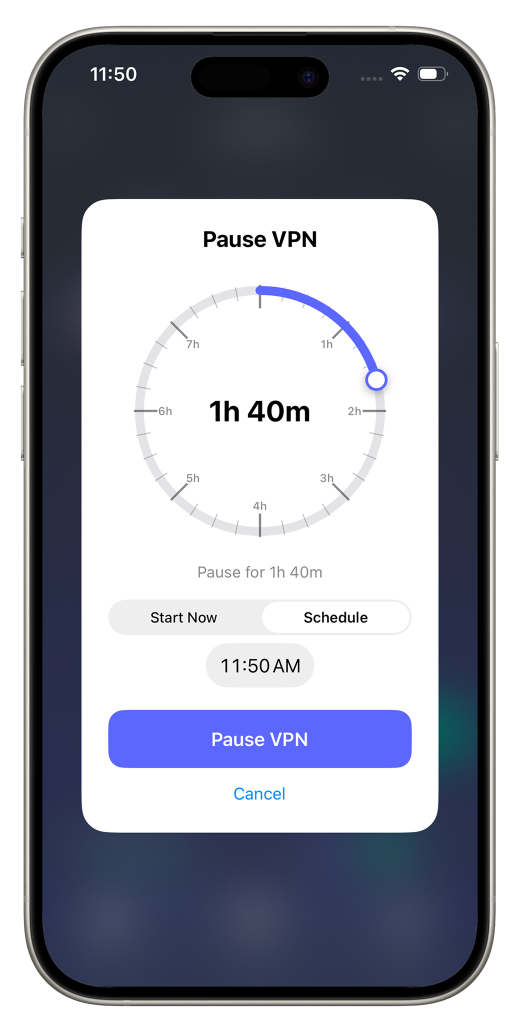 Pause VPN duration selector in FREE VPN US