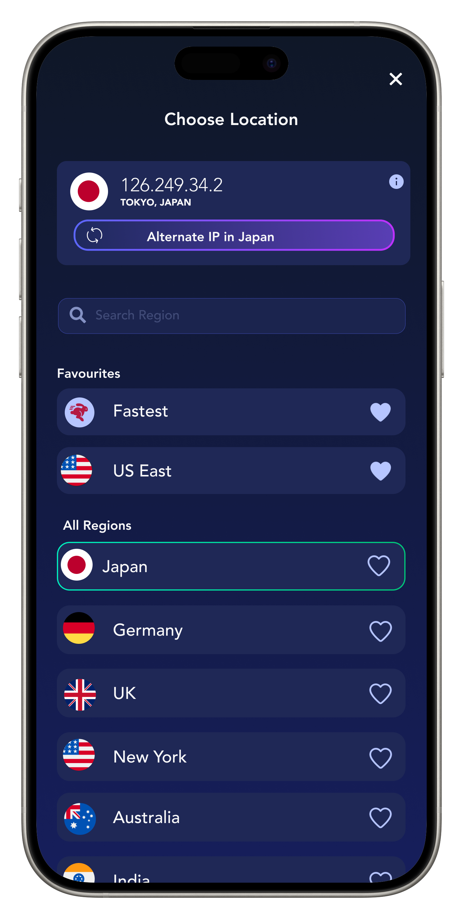 FREE VPN US içindeki bölge listesi
