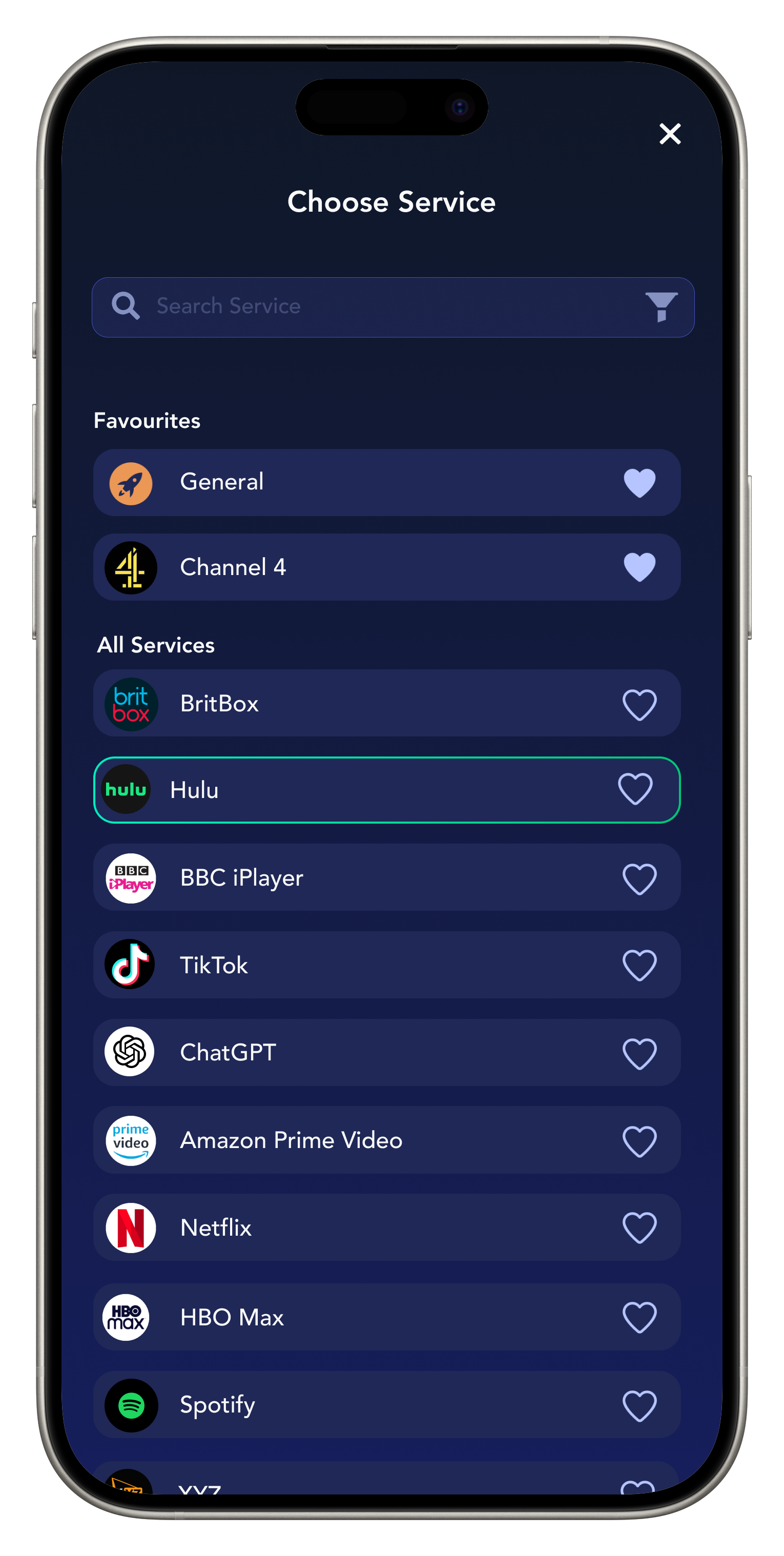 قائمة إعدادات الخدمات في FREE VPN US