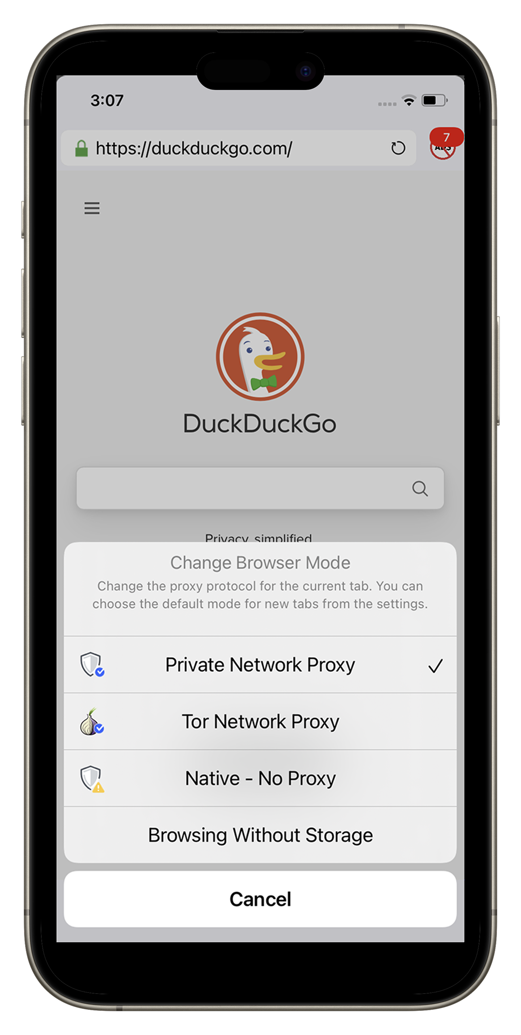 Protected browser modes available inside VPN US