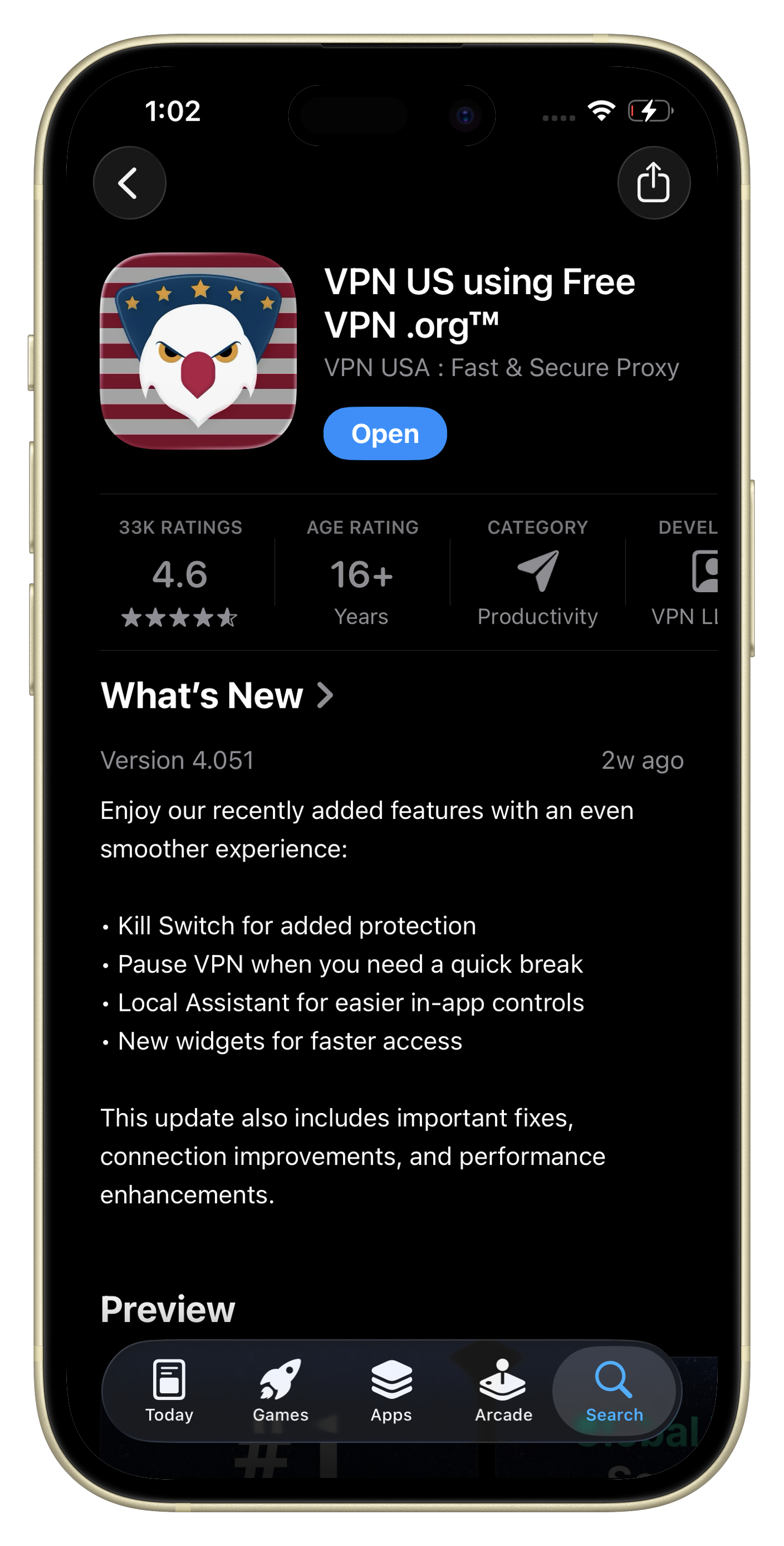 VPN US App Store listing on iPhone